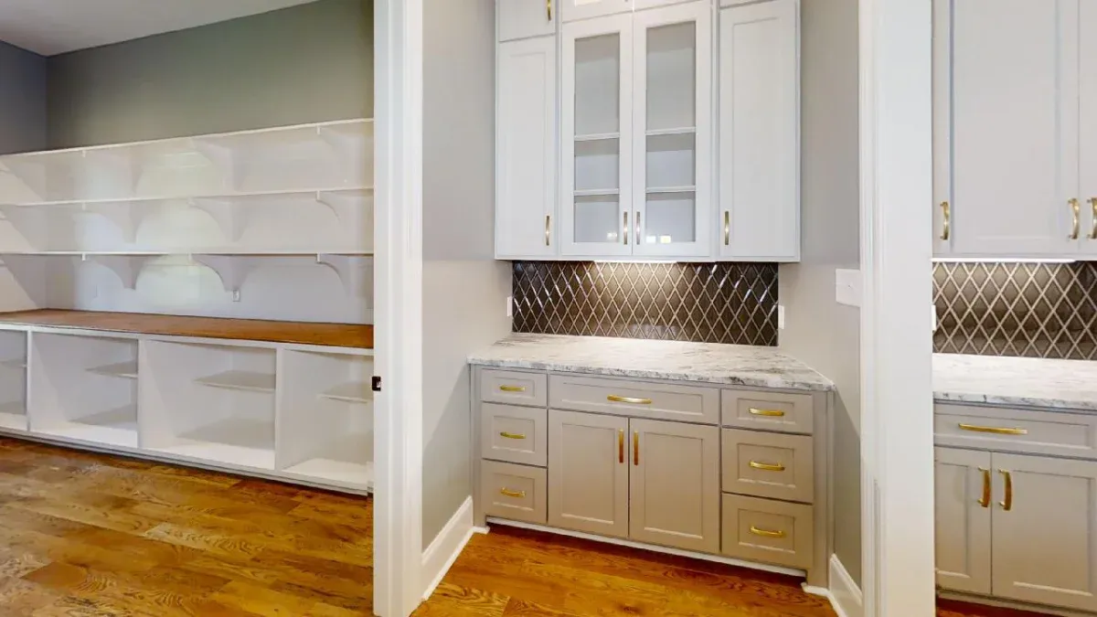 Vanity with hanging shelf.